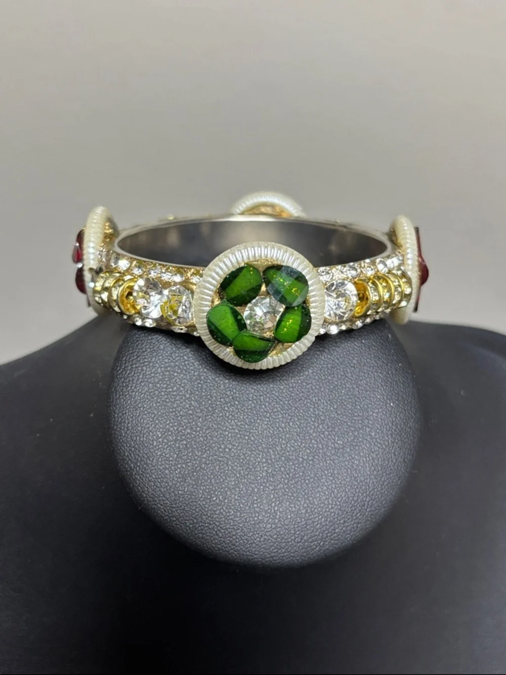 Indian Rhinestone Floral Gild Silver Tone Bangle Bracelet
